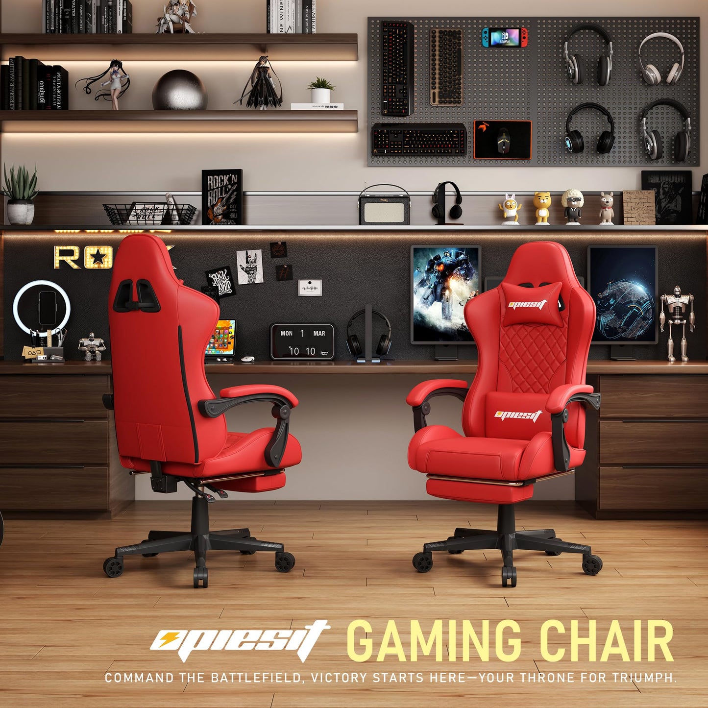 Opiesit Gaming Chair for Adults, Ergonomic Office Computer Chairs with Pocket Spring Cushion, PU Breathable Materials Video Game Chair, Linkage Armrest and Footrest Game Chairs Red