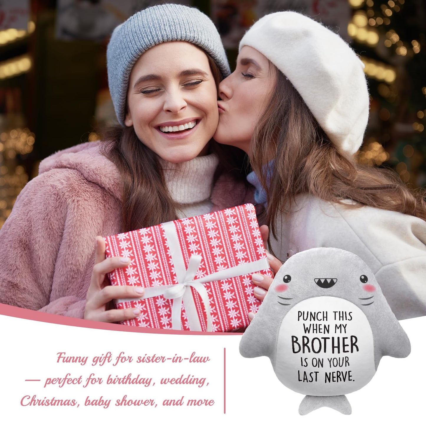 musaecoin Funny Sister in Law Gifts- Novelty Cute Plush Shark Pillow- Wedding/Birthday Gifts for Sister in Law, Engagement/Bridal Shower Gift for Future SIL, Brothers Girlfriend, 15”×15”