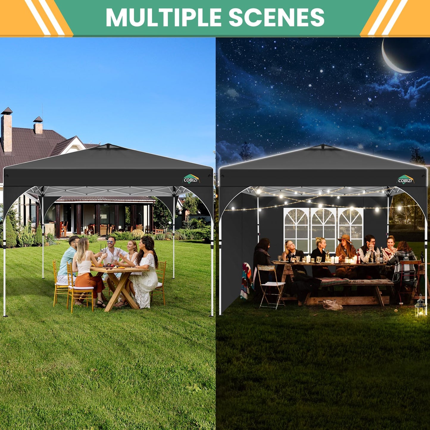 COBIZI 10x10 Pop up Canopy, Canopy Tent 10x10 with 3 Sidewalls, 1 Person Easy Set up，Tents for Parties, Outdoor Tent with Fluorescent Strip & 4 Sandbags, Waterproof, 3 Adjustable Height（Black）