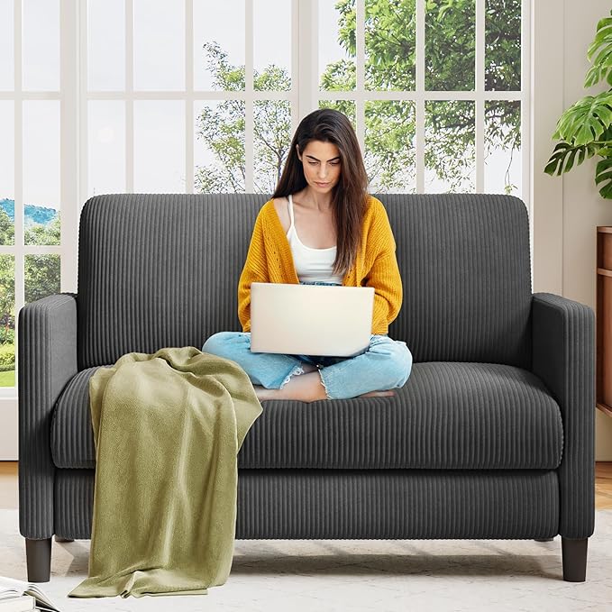 Welzona Loveseat Sofa, 51" Love Seat, Comfy Corduroy Small Loveseat for Small Spaces, Tool-Free Setup Couch for Bedroom, All-Wood Couches for Living Room, No Pillow Included, Grey