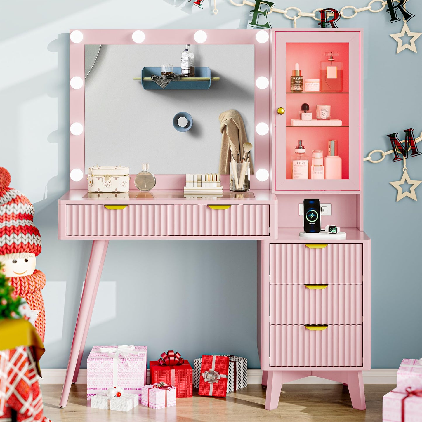 Fluted Vanity Desk with Mirror and Lights, 45" Pink Makeup Vanity Desk with Lights &5 Drawers, Glass Top Makeup Table with Lighted Mirror and RGB Cabinet,Dressing Table with Power Outlet for Bedroom