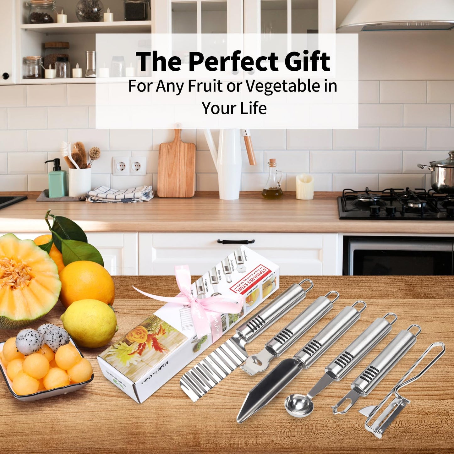 BURLIHOME Stainless Steel Fruit Carving Knife Set, 5 Pack Vegetable Engraving Blades for Kitchen, Melon Baller Scoop,Lemon Zester, Garnish Peeler,Crinkle Knife,V-shape Cutter