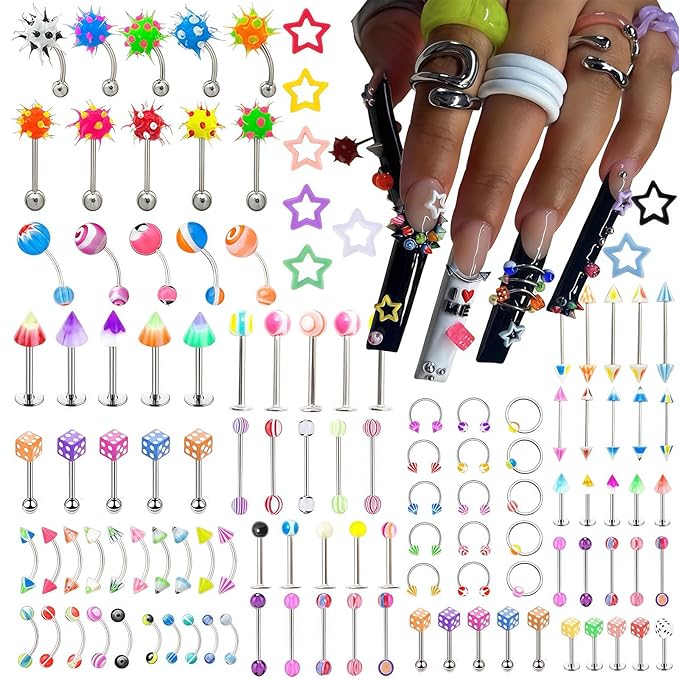 3D Dopamine Colorful Nail Charms Set Nail Art with Random Color 110pcs Piercing Jewelry & 50pcs Colorful Star Nail Decorations for Women Girl DIY Craft