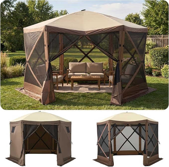 Aoxun 10x10FT Pop-up Canopy Shelter Tent, 6-Sided Canopy Tent with Carry Bag and Stakes, Screen House Sun Shelter Tents fo...