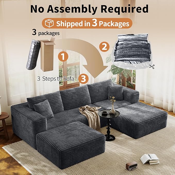 Fancyfire 108" Cloud Modular Sectional Couch with 2 Ottoman,Ultimate Comfort U-Shaped Deep Seat Sofa,Boneless Couch Upholstered 3-Seater Sofas for Living Room, No Assembly Required(Grey)