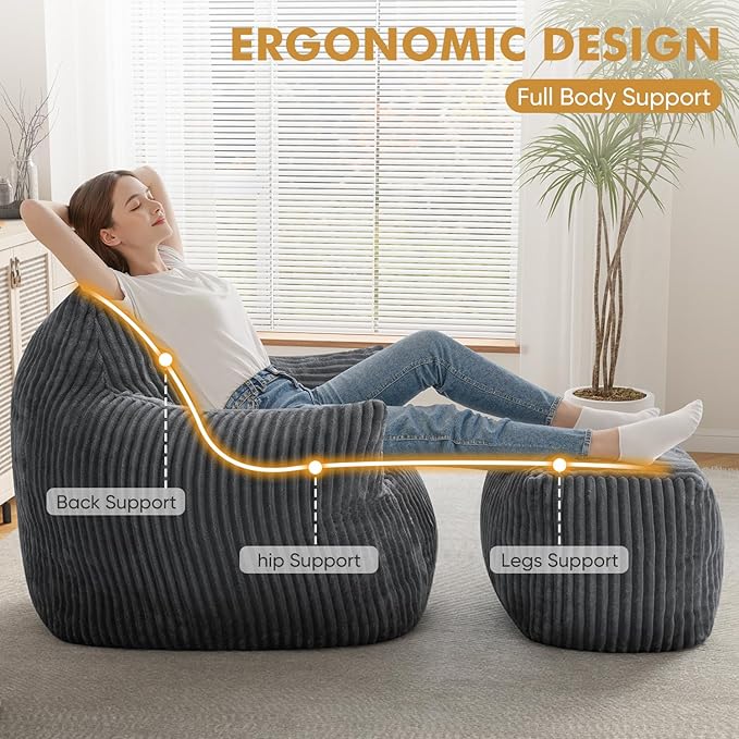 JULY'S SONG Bean Bag Chair with Ottoman for Adults, Fluffy Grey Lazy Couch Sofa Chair with Armrests for Living Room, Bedroom & Dorm