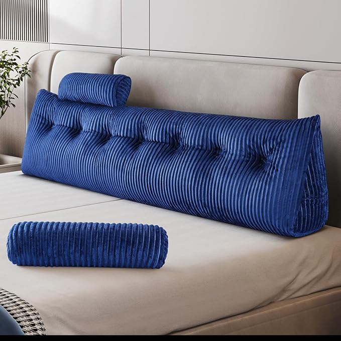Z-hom King Size Wedge Headboard Pillow with 2 Roll Cushions, Large Reading Pillow for Bed Sitting Up, Triangular Backrest Cushion for Headboard, Supportive Pillow for Back Pain Relief, Blue