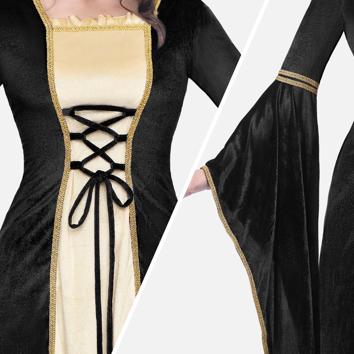 Spooktacular Creations Renaissance Costume Women, Black Velvet Medieval Dress for Women, Irish Fairy Renaissance Dress with Decorated Lace for Wedding, Halloween Cosplay Themed Party (Medium)