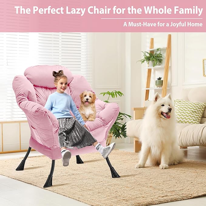 Youtanic Lazy Chair Thick Padded, Comfy Velvet Accent Lounge Chair with Stable Frame, Leisure Sofa Armchair with Armrests and Side Pocket, Reading Chair for Bedroom, Living Room, Office, Pink
