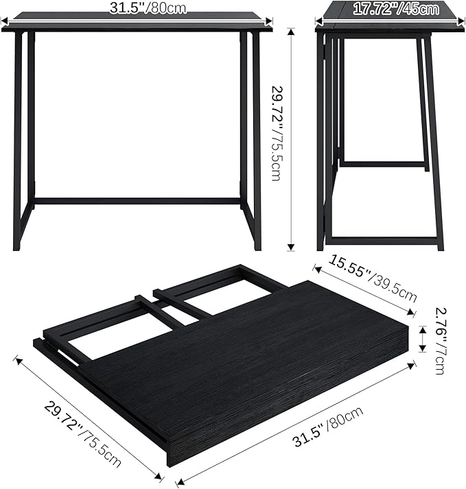 4NM 31.5" Small Folding Desk, Foldable Computer Home Office Desk, Study Writing Table for Small Space Saving Bedroom, Easy Assembly - All Black