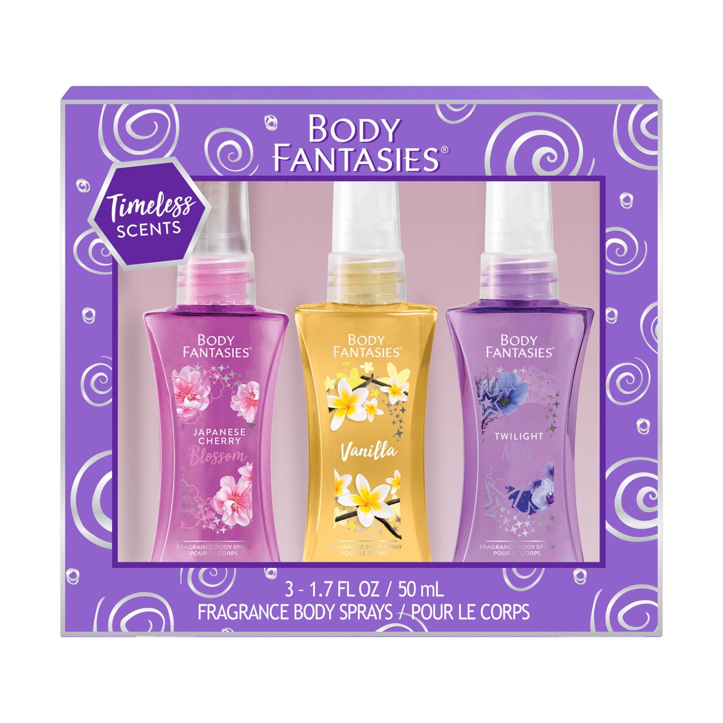 Body Fantasies Body Spray Holiday Gift Set for Her - 3 Piece Timeless Scents Sampler, Perfect for Stocking Stuffers