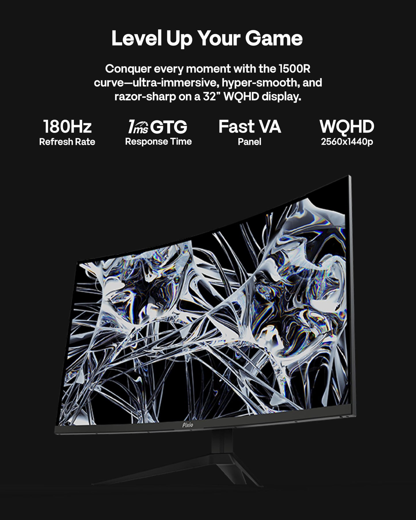 Pixio PXC328 32 inch 180Hz Refresh Rate QHD 1440p Resolution 1500R Curved Fast VA Panel 1ms GTG Response Time Adaptive Sync HDR Curved Gaming Monitor