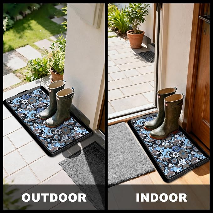 BEHERO Boot Tray Shoe Mat Decorative Patterned, Rubber Shoe Matt Tray Indoor/Outdoor Use, 16" x47.5" Shoe Cleaning Mat Non-Slip, Shoe Storage Waterproof Flower Prints for Entryway, Velvet Bloom