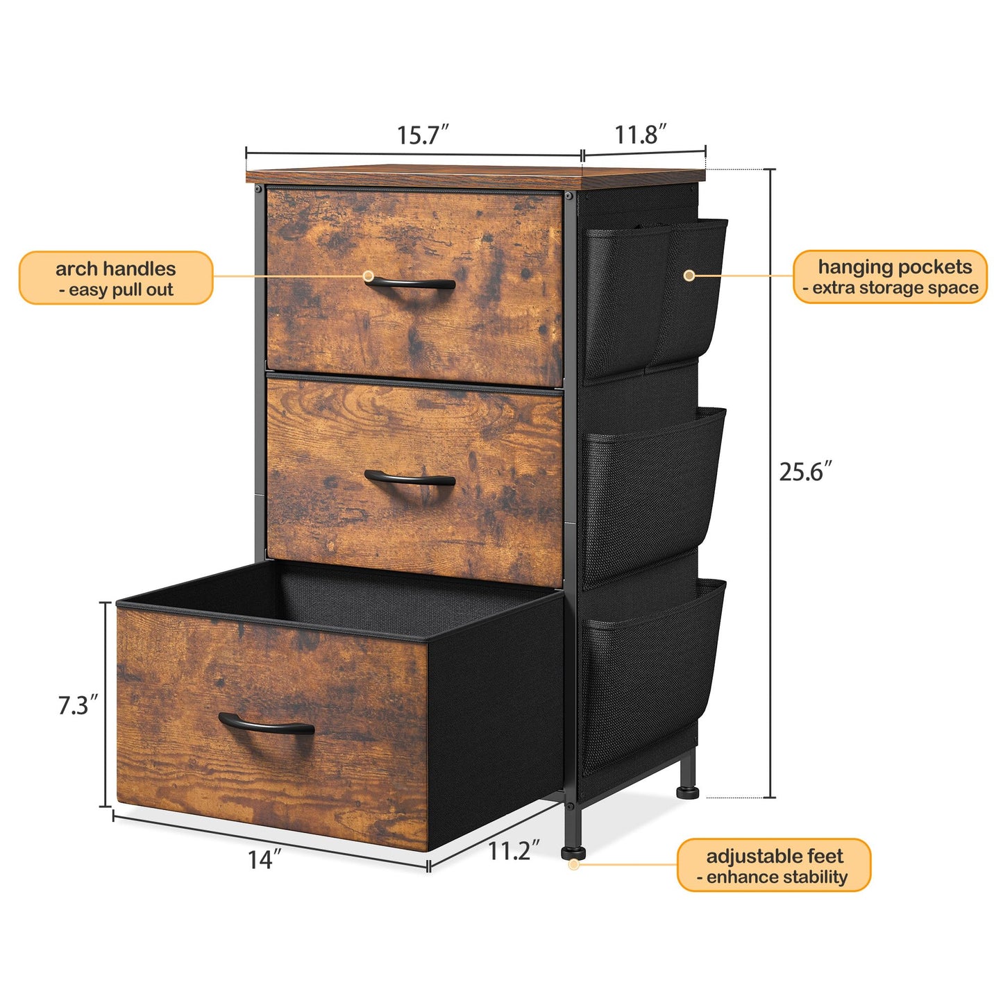 Night Stand Set 2, Night Stand with Drawers for Bedroom, Bedside Table with Wooden Top, Sturdy Steel Frame End Table, Dorm Nightstand for Bedroom, Entryway, Hallway, Cloth Bags, Hooks, Rustic Brown