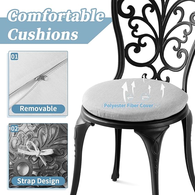 Withniture 3 Piece Bistro Patio Set Cast Aluminum Bistro Table and Chairs Set of 2 with Cushion,Outdoor Bistro Table Set with Umbrella Hole,Metal Patio Furniture Set for Garden,Black