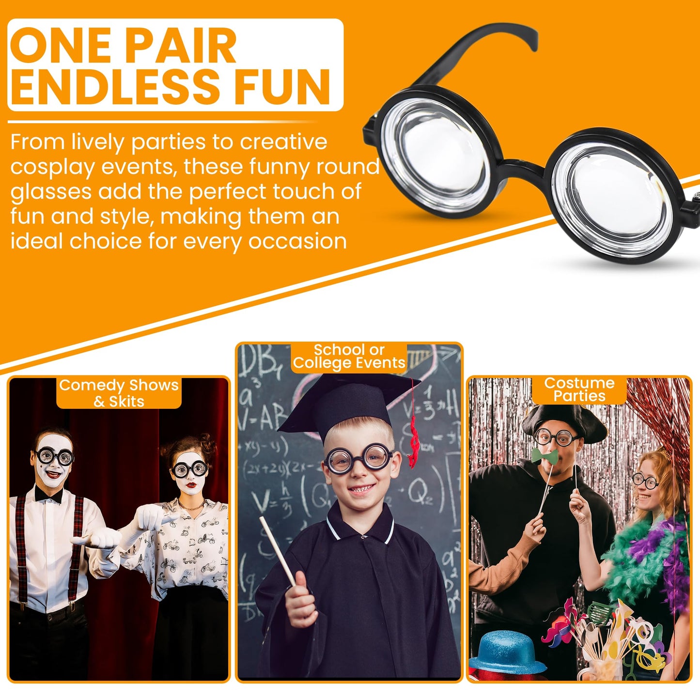 Iconikal Thick Lens Nerd Costume Glasses Small Black 5.5x2.1-Inch Plastic Frames Wizard Scientist Dress-Up Halloween Cosplay Party Accessory