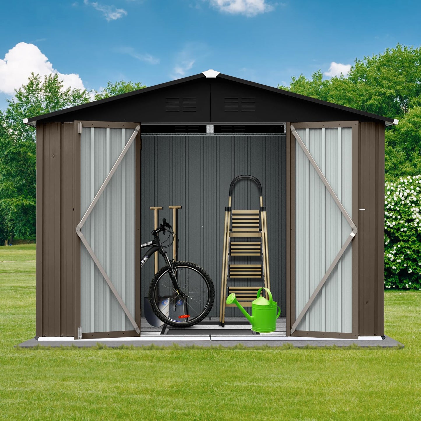 Jintop 6x8 FT Outdoor Storage Shed,with Hinged Door and Padlock,Pitched Roof Metal Garden Tool Sheds,w/Punched Vents,for Storing Bicycles, Lawnmowers, Barbeques,Garden Tools,Brown + Black