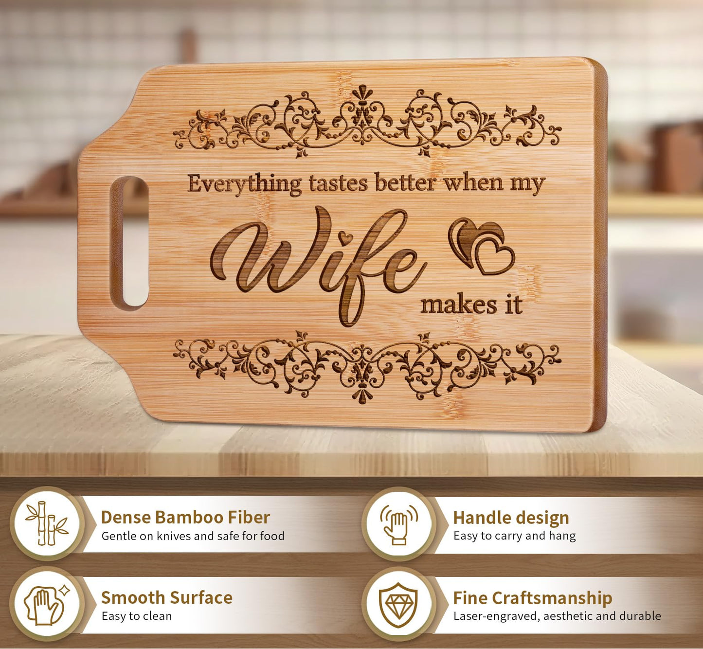 AceThrills Wife Birthday Gift Ideas, Gifts for Wife Gifts for Wedding Anniversary, Christmas - Bamboo Cutting Board 12.3"L x 8.7"W x 0.4"Th (everything tastes better)