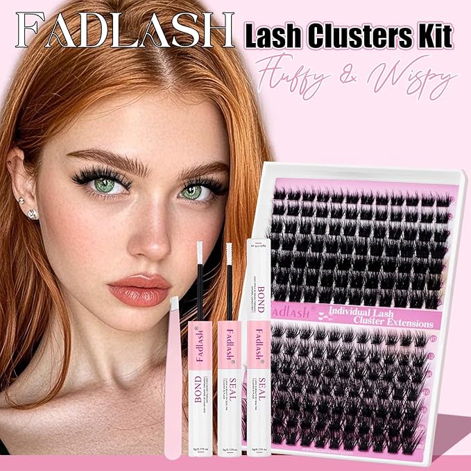 FADLASH Lash Extension Kit Lash Clusters Kit 10-18mm Eyelash Cluster Lashes with Lash Bond and Seal Lash Tweezers DIY at Home (KLS240+KLS253-07D-10-18 Kit)