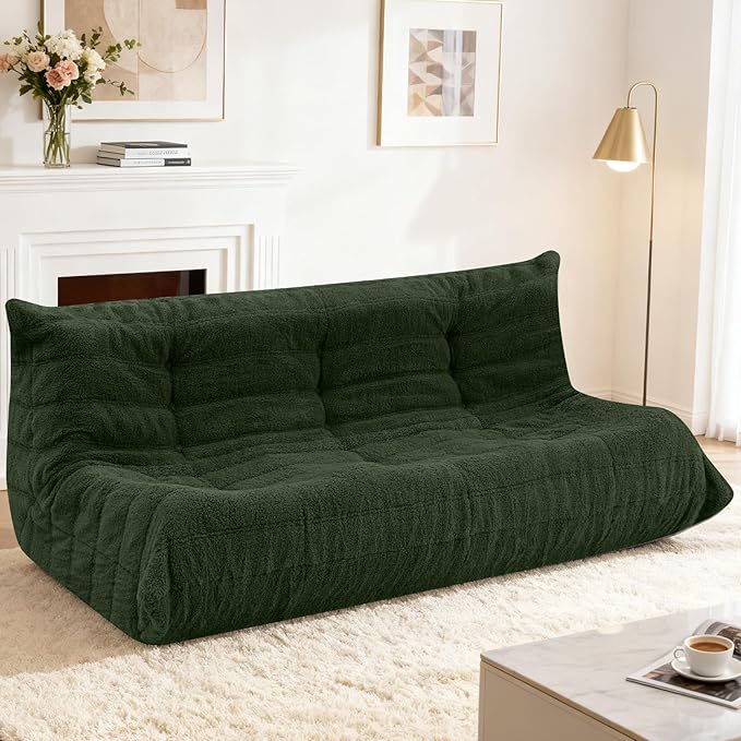 HABUTWAY Bean Bag Chairs Fireside Lazy Floor Sofa, Soft Teddy Fleece 3 Seater Sofa with High-Resilience Foam Filling，Beanbag for Living Room, Bedroom, Office (Green Teddy)