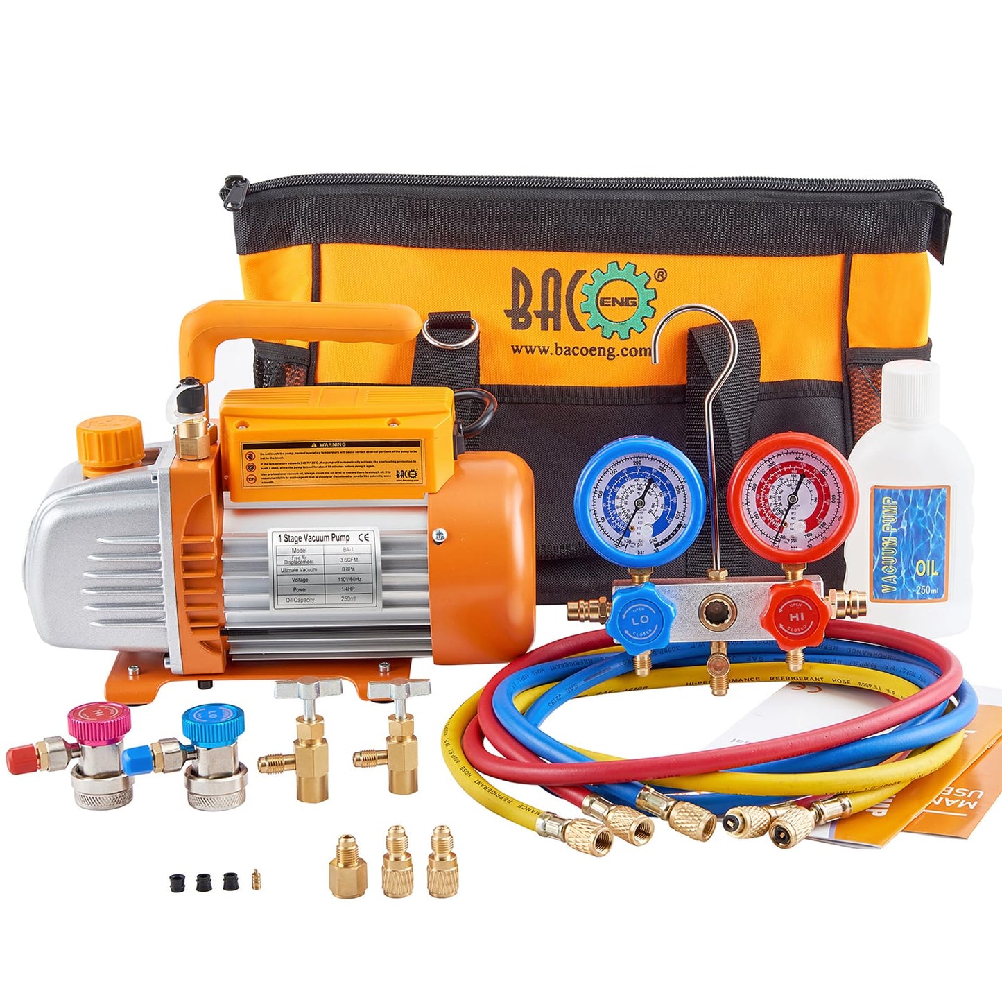 BACOENG 3.6CFM 1/4HP AC Vacuum Pump and Manifold Gauge Set for R134a R12 R410a HVAC Air Conditioning Refrigeration, Includes Can Tap, Quick Coupler Adapters and Carry Bag