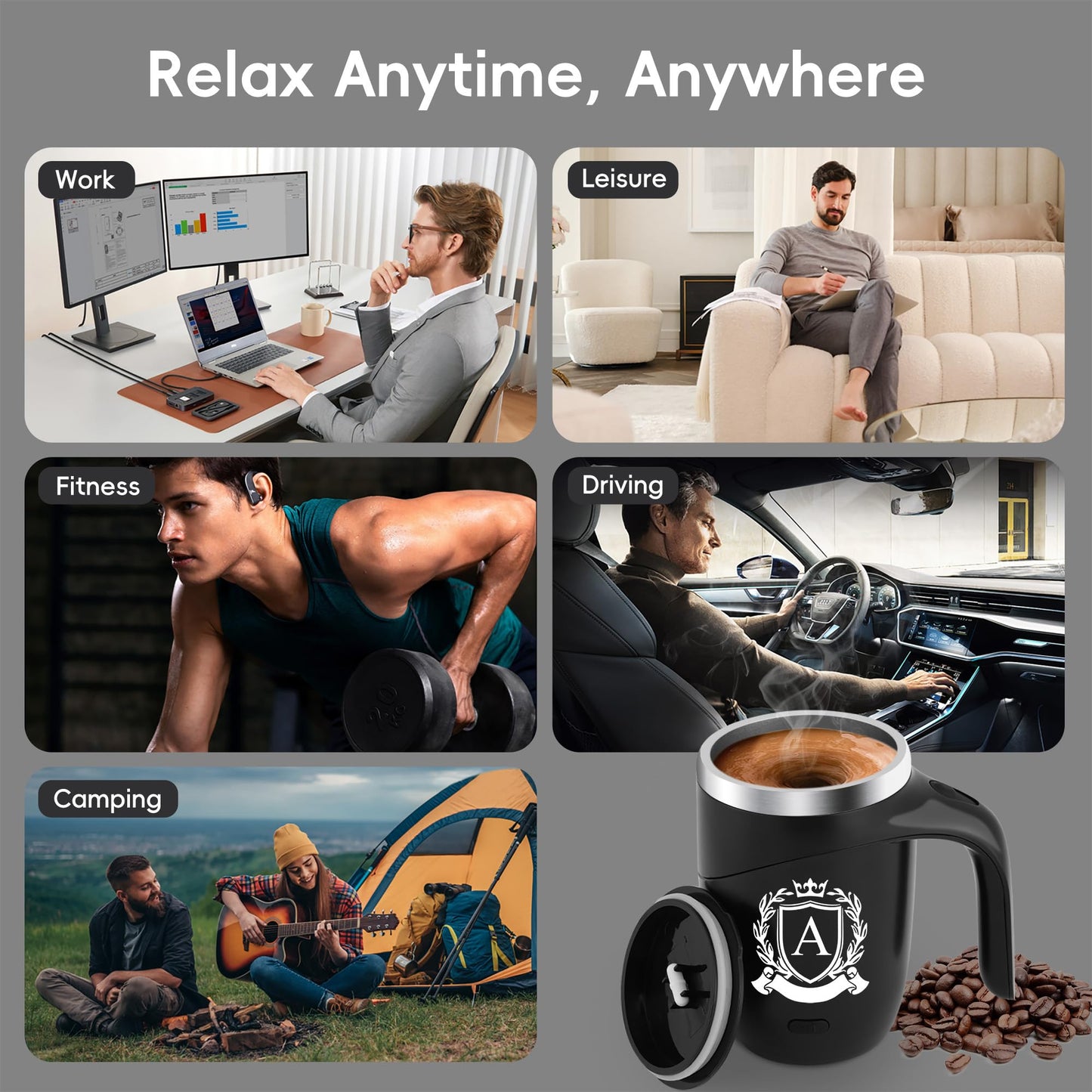 Initial Magnetic Stirring Coffee Mug Stainless Travel Initial Cup Men Guy Male Gift Ideal Best Friend Close Friendship Happy Birthday Cool Stuff Brother Ever Unique Christmas Alphabet Letter Present,G