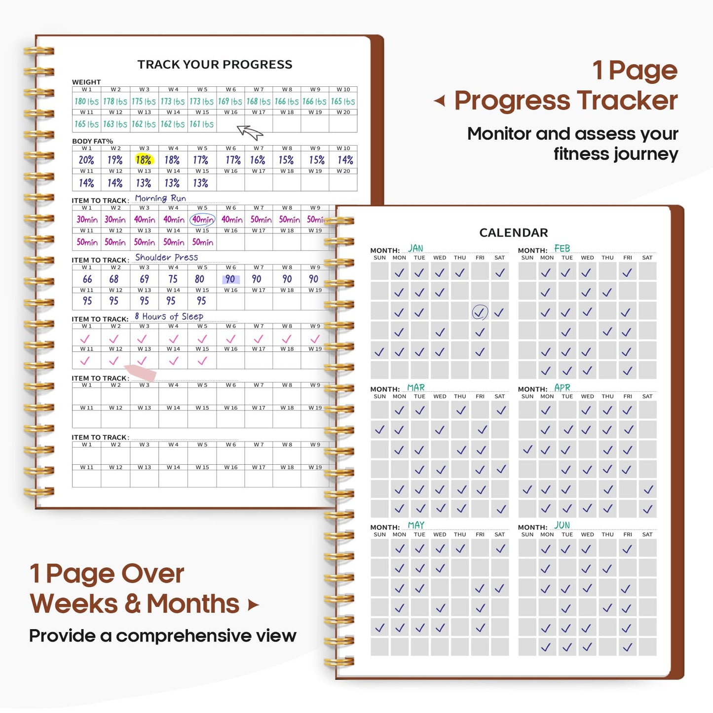 Fitness Workout Journal for Women & Men, A5(5.5" x 8.3") Workout Log Book Planner for Tracking, Progress, and Achieving Your Wellness Goals-Rust Brown