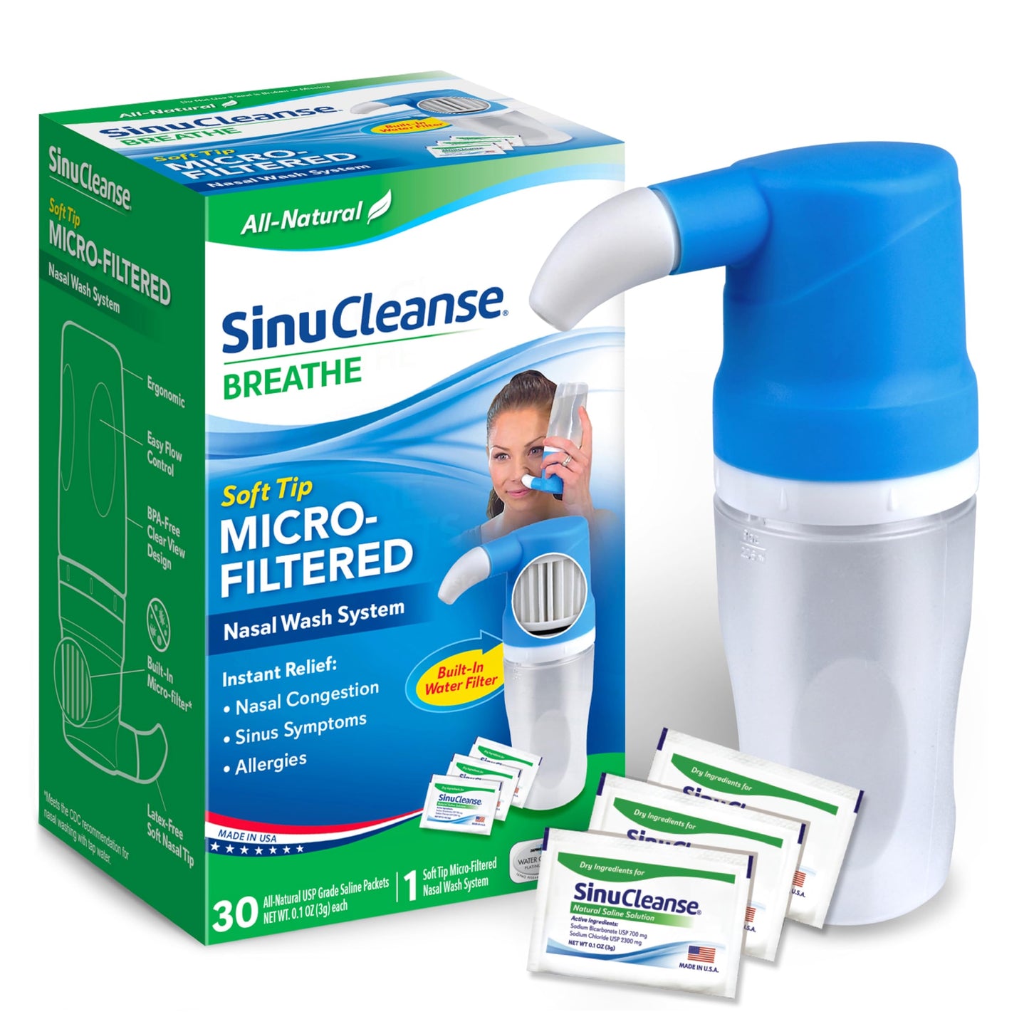SinuCleanse Soft Tip Micro-Filtered Nasal Wash System, Relieves Nasal Congestion Due to Cold & Flu, Dry Air, Allergies, 30 All-Natural Saline Packets, Made in USA