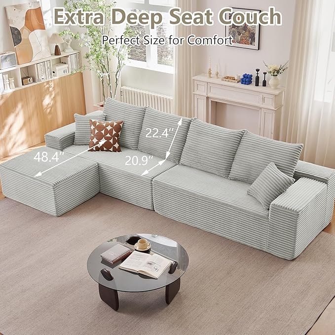 140" Sectional Cloud Couch for Living Room, Modular Floor Deep-Seat Sofa, Big Comfy Corduroy Couches Set with Fluffy Memory Foam, Stupendous L Shaped Sofas, No Assembly Required, Grey