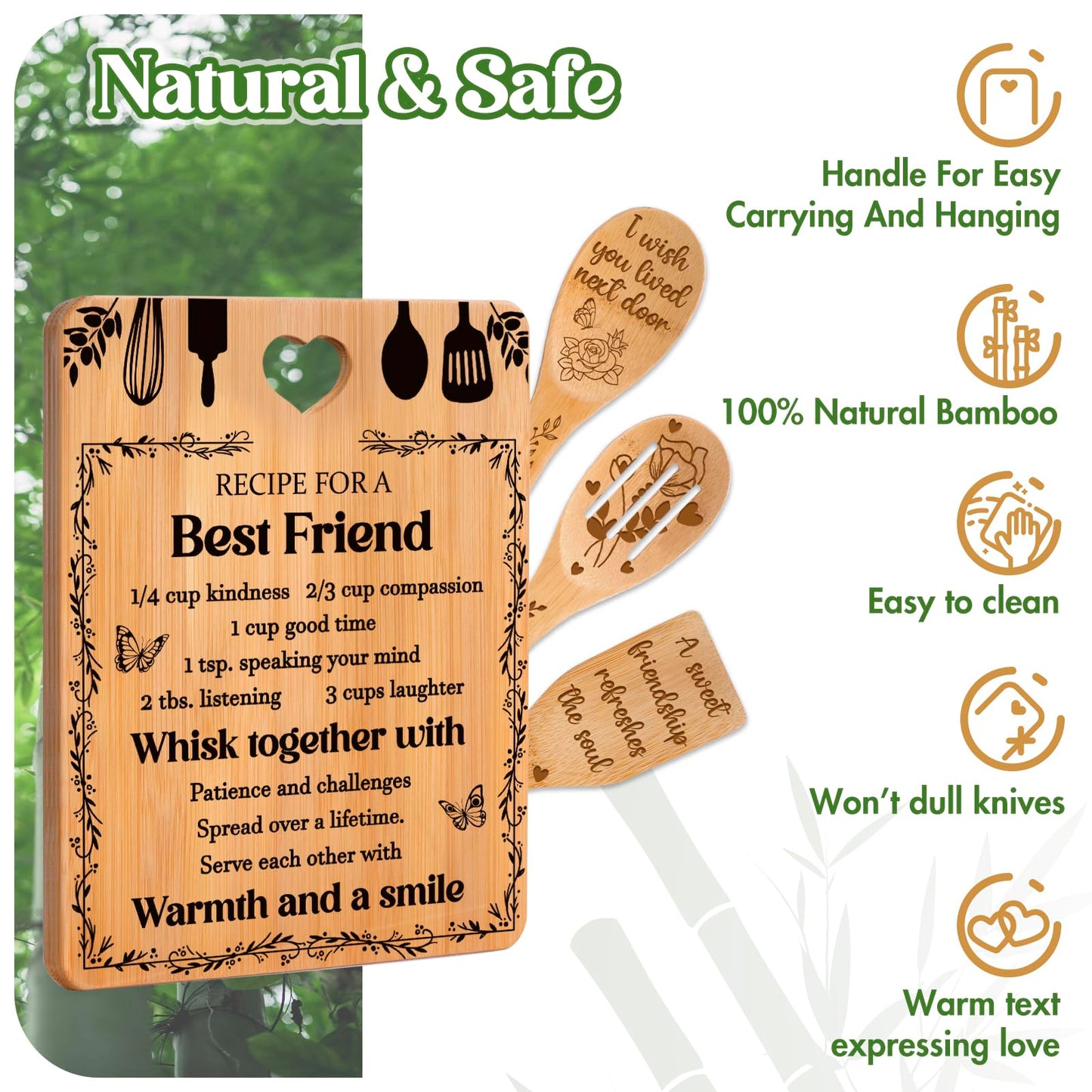Best Friend Birthday Gifts for Women - Bamboo Cutting Board Set, Bestie Friendship Gifts for Women, Ideal Gifts for Birthday Graduation Wedding Job Move House Christmas Thanksgiving.