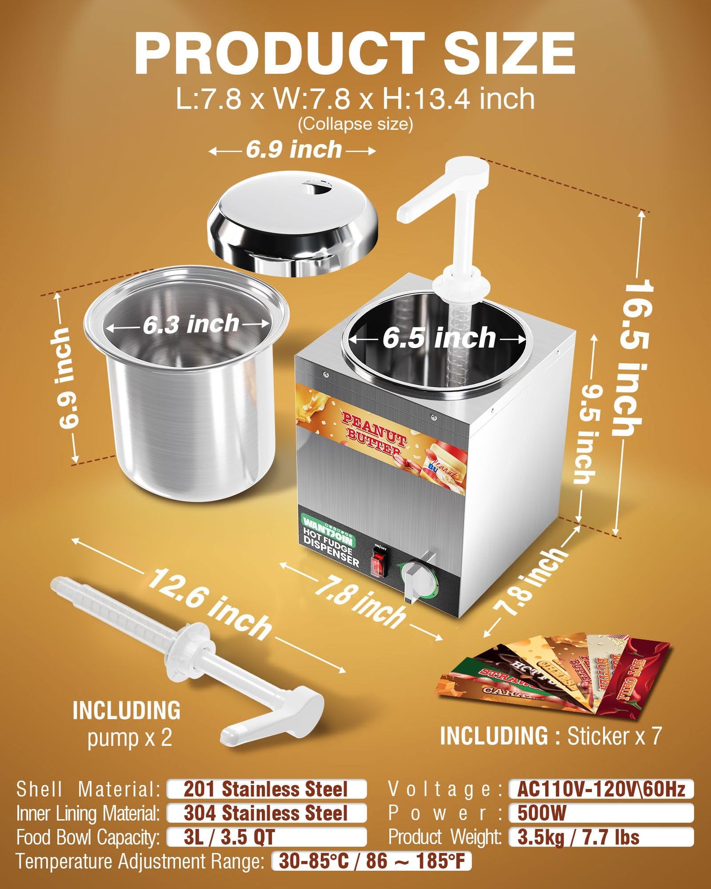 WantJoin Nacho Cheese Dispenser with Pump - 3.5Qt Nacho Cheese Warmer,Stainless Steel Hot Fudge Warmer W/5-Level Temperature Adjustment,Commercial Hot Fudge Dispenser for Hot Fudge Cheese Caramel