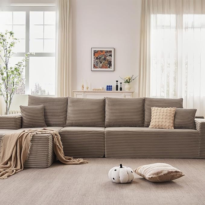 135.4" Cloud Sectional Couch with L-Shape Chaise, Modern Corduroy Boneless Couch for Living Room,Memory Foam Sofa with Deep Seat,No Assembly Required (Camel,Left-Facing Chaise)