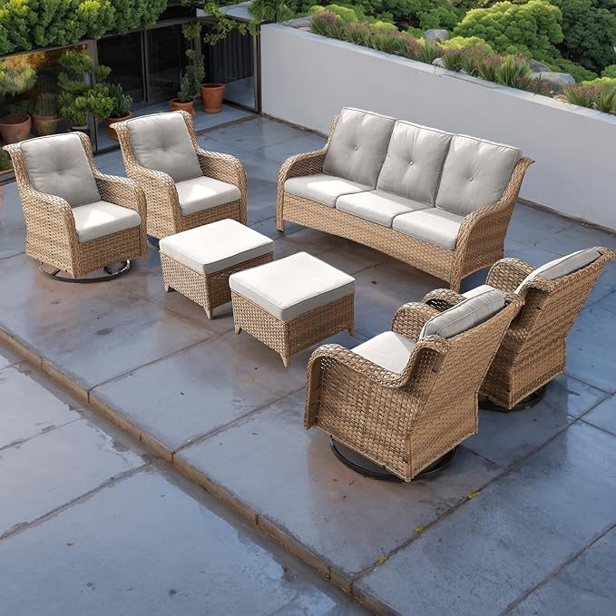 Rilyson Patio Furniture Swivel Chairs Set - 7 Piece Wicker Rattan Outdoor Sectional Conversation Sets with 4 Swivel Rocking Chairs,2 Ottomans and 1 Sofa for Porch Deck Garden(Yellow/Beige)