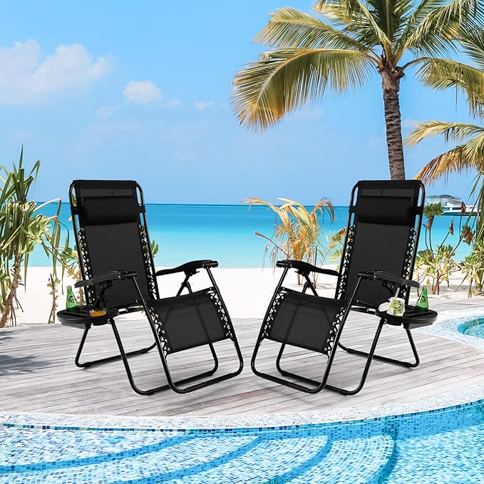 Tangkula Set of 2 Zero Gravity Chair, Folding Patio Lounge Chair Adjustable Outdoor Recliner with Cup Holder, Wide Armrest for Patio Garden Poolside Outdoor Yard Beach, Support 350 lbs (2, Black)