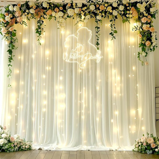 10x10ft Ivory White Chiffon Backdrop Curtain with Lights String for Wedding Sheer Tulle Curtain Photo Backdrops Drapes for...