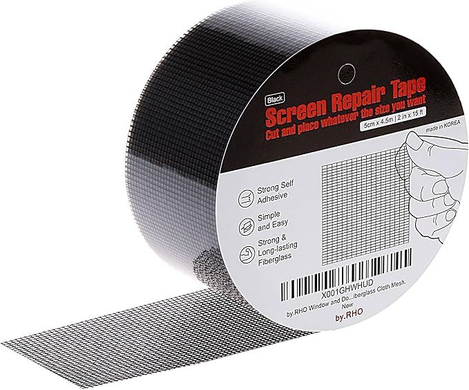 by.RHO Window Screen Repair Kit Tape (Black, 2" x 15FT) for Window Screen and Screen Door Tears Holes 3-Layer Strong Adhesive & Waterproof Tape Fiberglass Covering mesh