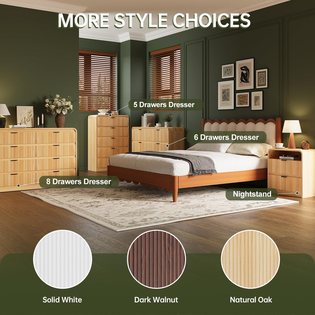 FURSUN Fluted 8 Drawers Dresser for Bedroom, 55" Wide Wooden Dresser with Metal Handle, Curved Profile Design, Modern Storage Organizer for Living Room, Hallway, Natural Oak