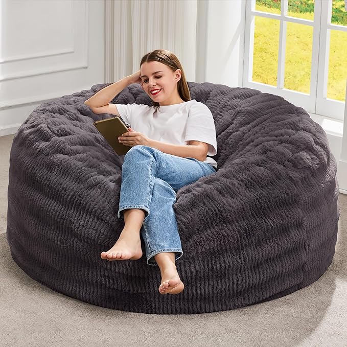 Hobestluk Bean Bag Chairs Beanbag Chair with Filler Adult Bean Bags with Fluffy Ripple Cover, Giant Bean Bag Chairs for Adults (Dark Grey, 4FT - 44" x 44" x 24")