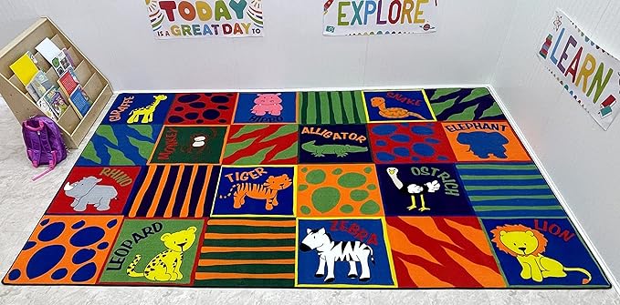 KIDCARPET.COM Animal Squares Nylon Area Rug, 4' x 6', Multicolored, Educational Classroom Rug, Kids Learning Play Mat | Area Rug for Bedroom or Playroom