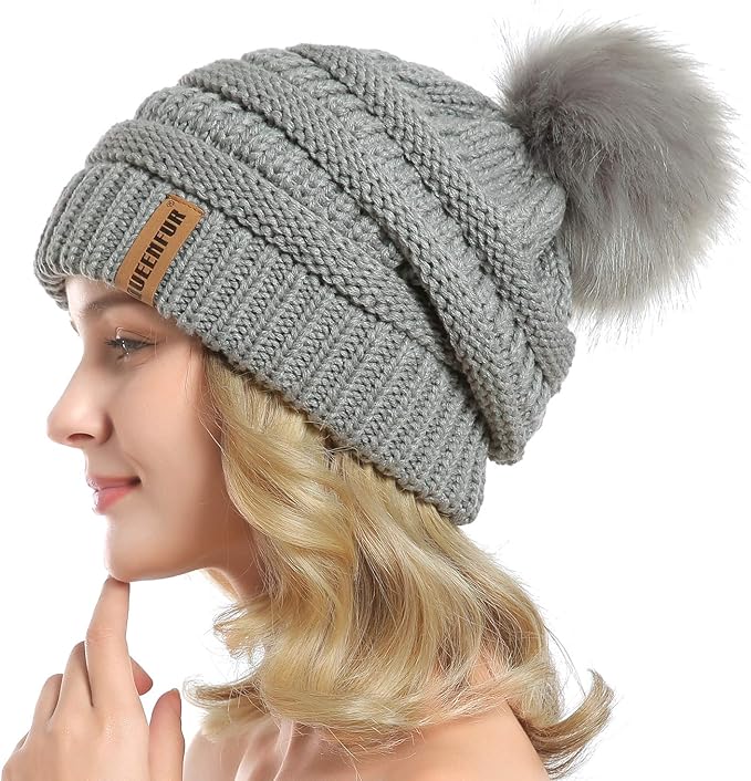 QUEENFUR Women Knit Slouchy Beanie Chunky Baggy Hat with Faux Fur Pompom Winter Soft Warm Ski Cap