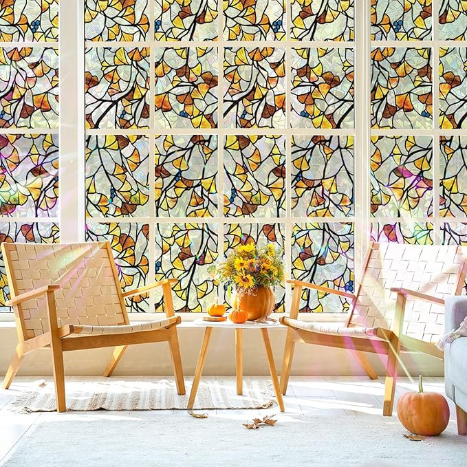 Fall Stained Glass Rainbow Window Privacy Film Autumn Leaf Window Cling, Stained Ginkgo Leaves, 118.11" x 29.52"