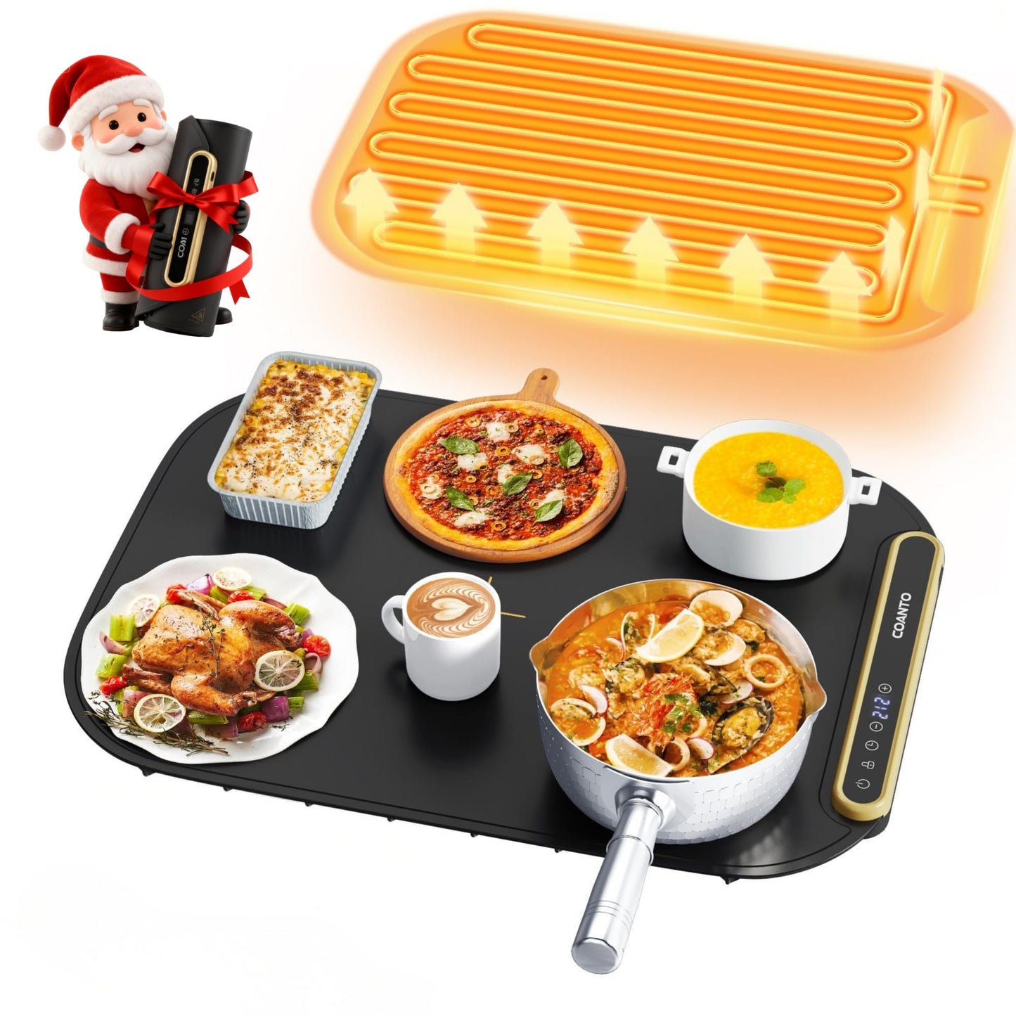 Coanto Food Warming Mat, Electric Warming Tray for Buffets & Parties, Silicone Heating Mat with 7 Temperature Settings, Roll-Up Storage, 17.91"x12.8", Black