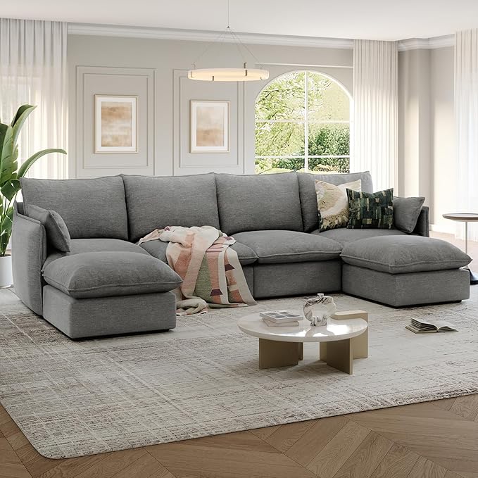 Lopzeho 124" Cloud Modular Sectional Sofa, Waterproof Down Filled Sectional Couch, High Backrest U Shaped 4 Seater Couch with 2 Ottomans, Modern Modular Sofas with Removable Cover, Dark Gray