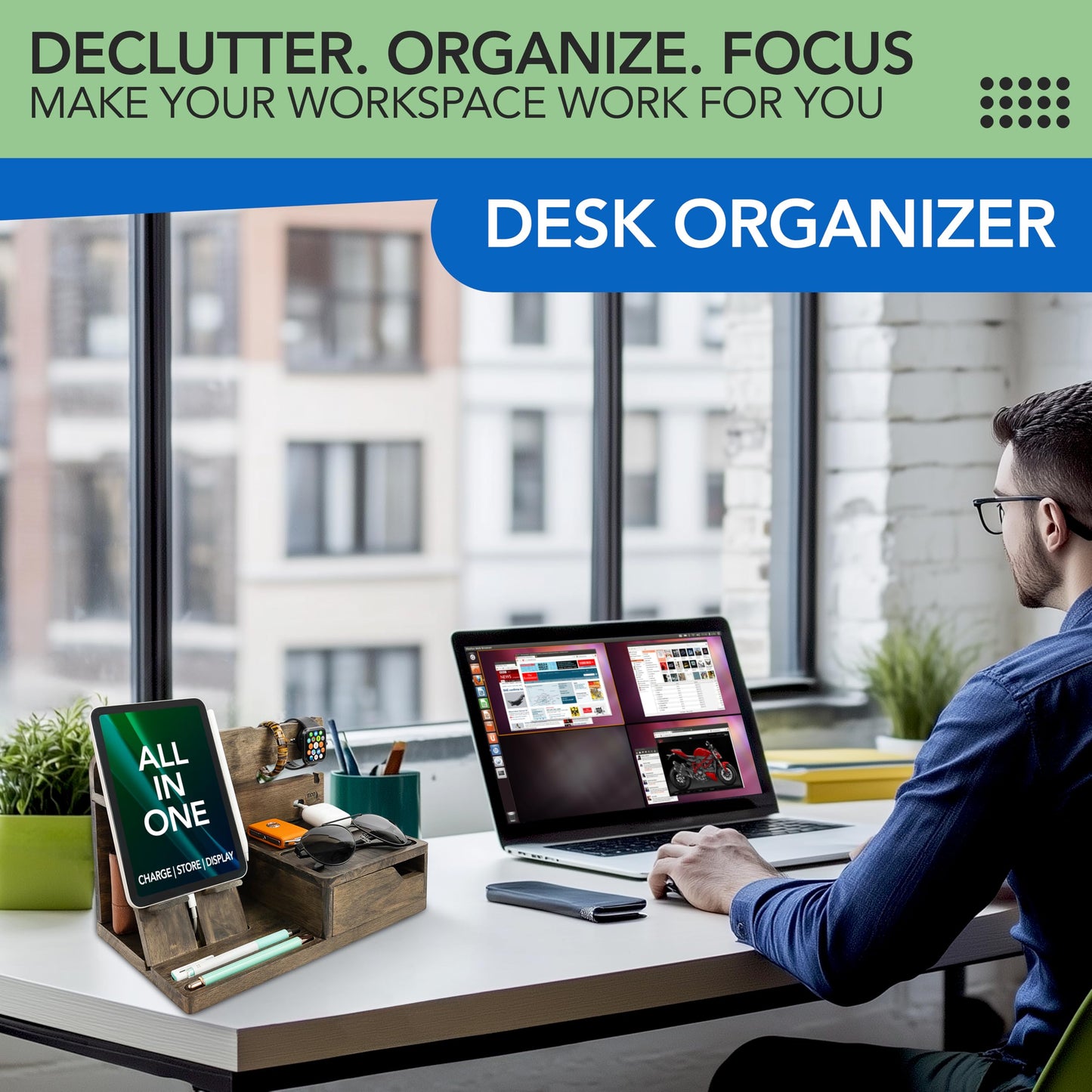 EcoLeafy Dot Nightstand Organizer- Bedside Docking Station for Men- Unique Gifts for Husband, Father or Dad from Wife, Son or Daughter- Desk Organizer for Phone, Watches, Wallet & Accessories (Rustic)