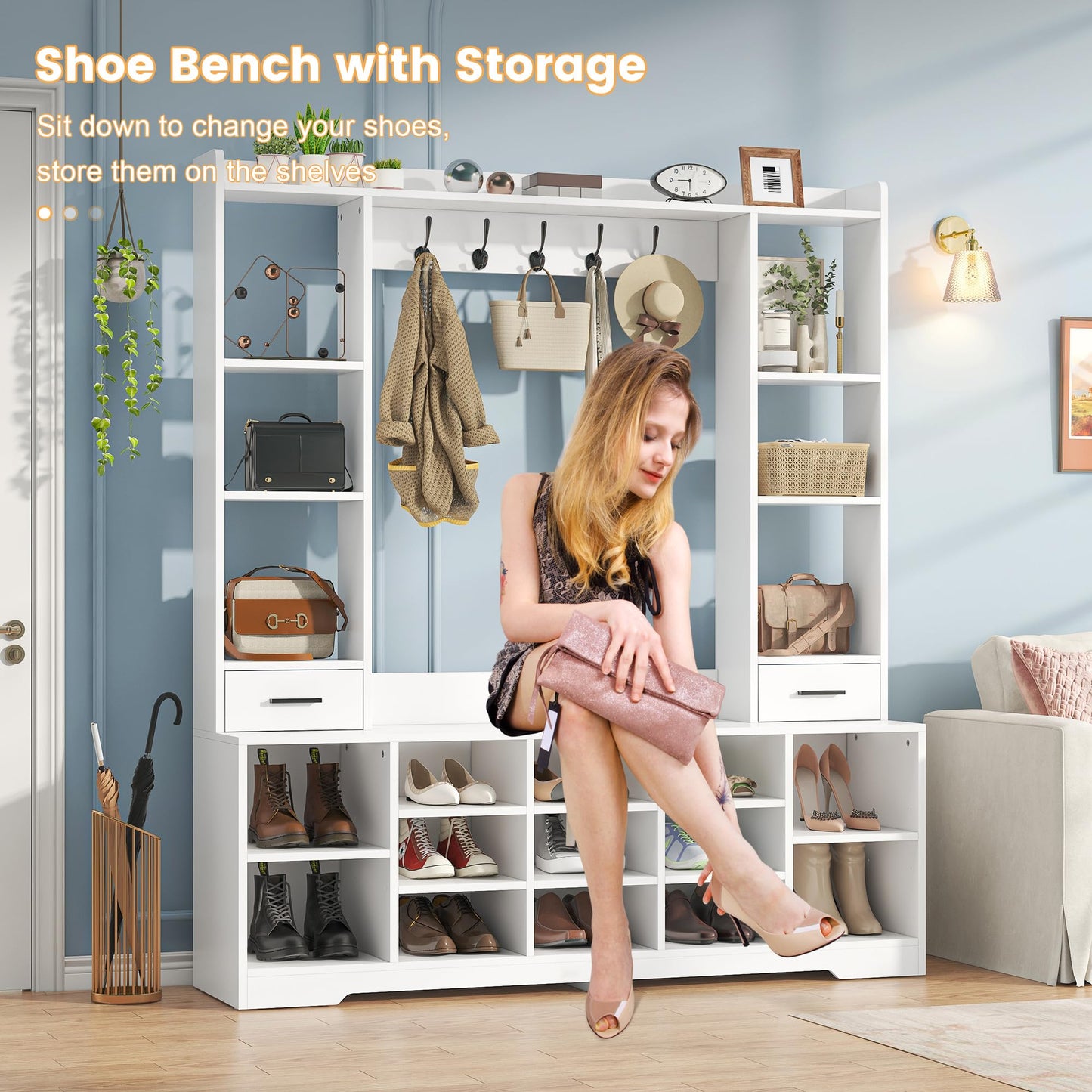 Nosepen 61.6" H White Hall Tree with Bench and Shoe Storage, 6-in-1 Multi-Functional Entryway Bench with 2 Drawers, 5 Coat Racks, Shoe Rack with 13 Shoe Cubbies, Entryway Storage Organizer, White