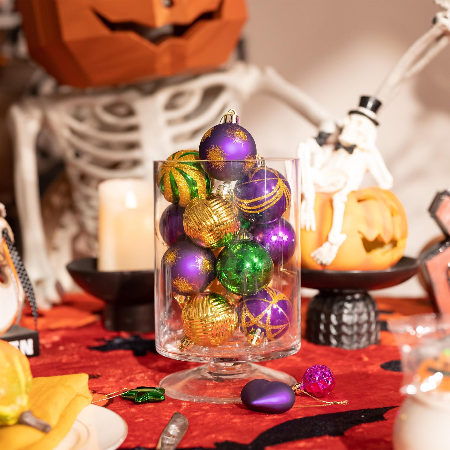 Valery Madelyn 28Pcs Halloween Heart Shaped Ornaments Gift Pack, Mardi Gras Craft Painted Tree Heart Decorations, Purple Green Gold Christmas Baubles Hanging Holiday Party Decor