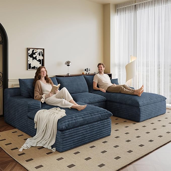 107" Cloud Sectional Couch U-Shaped Chaise with Ottoman, Corduroy Boneless Couch for Living Room Bedroom, Deep-Seat Upholstered Modular Cloud Sofa, No Assembly Required (Blue, Right Facing Chaise)