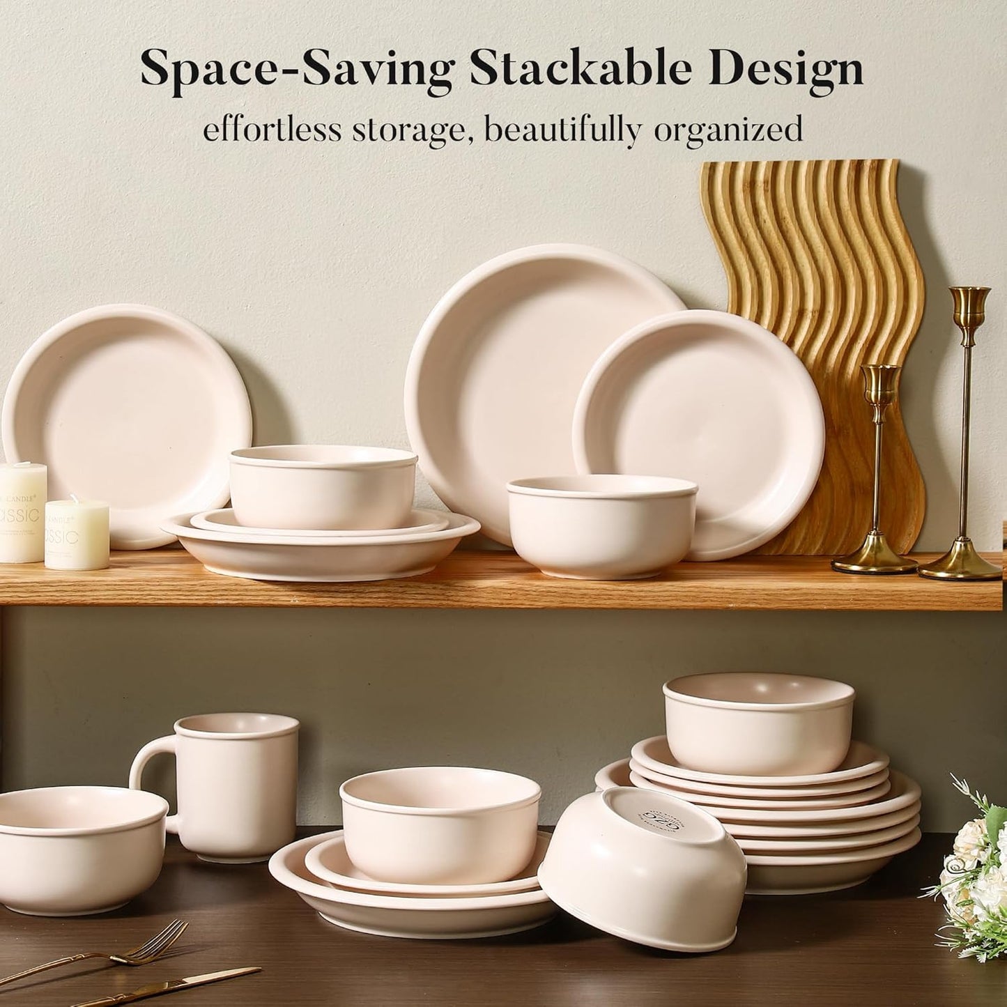 GZG Vintage Series - Ceramic Dinnerware Set for 8, 24 Pieces Stoneware Plates and Bowls Set, Lead-Free, Handcrafted Dishes Set, Microwave & Dishwasher Safe - Cream White