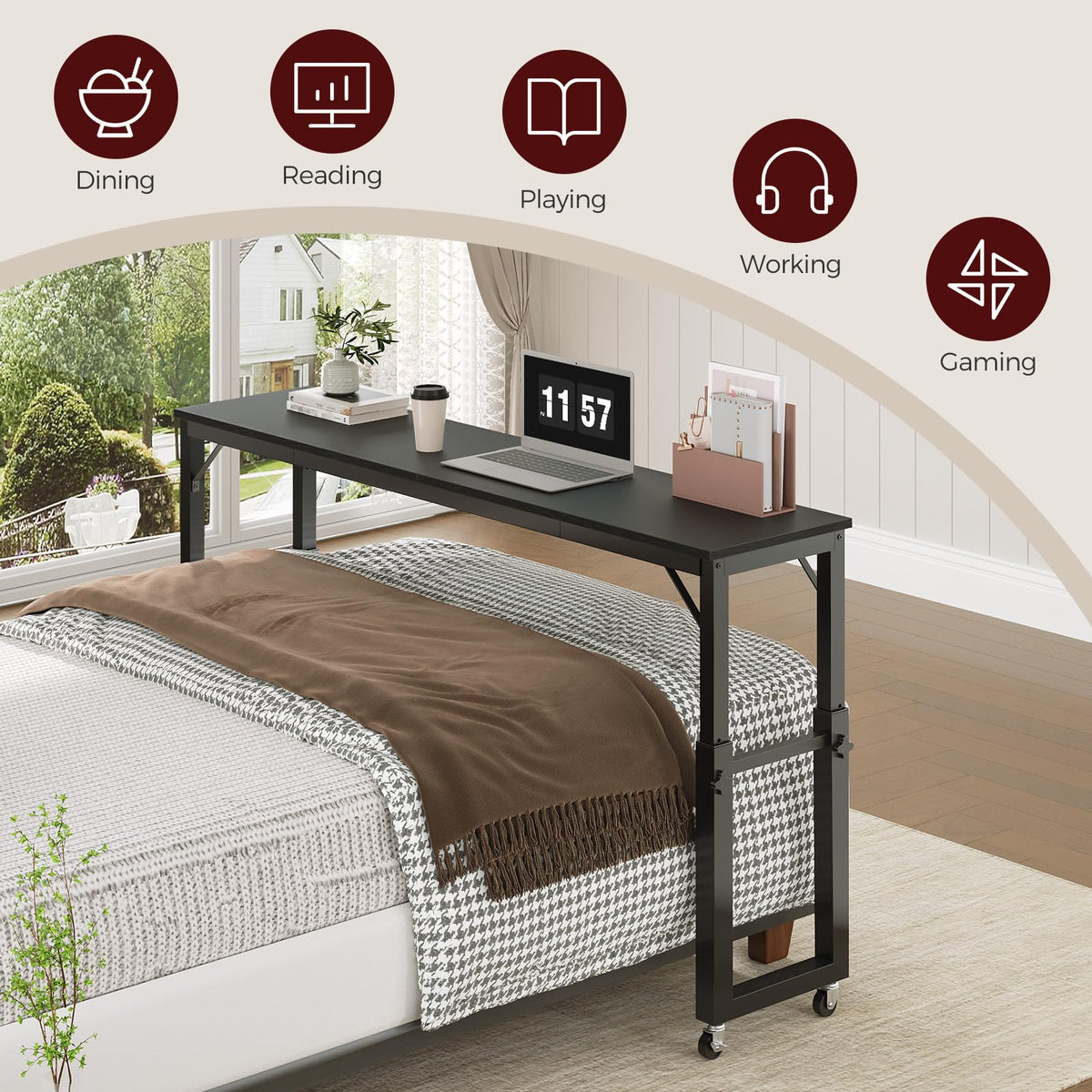 MAHANCRIS Overbed Table with Wheels, Queen Size Mobile Bed Desk with Adjustable Height, Rolling Table, Dining Table, Computer Desk, for Bedroom, Living Room, Office, Black MTBK18001