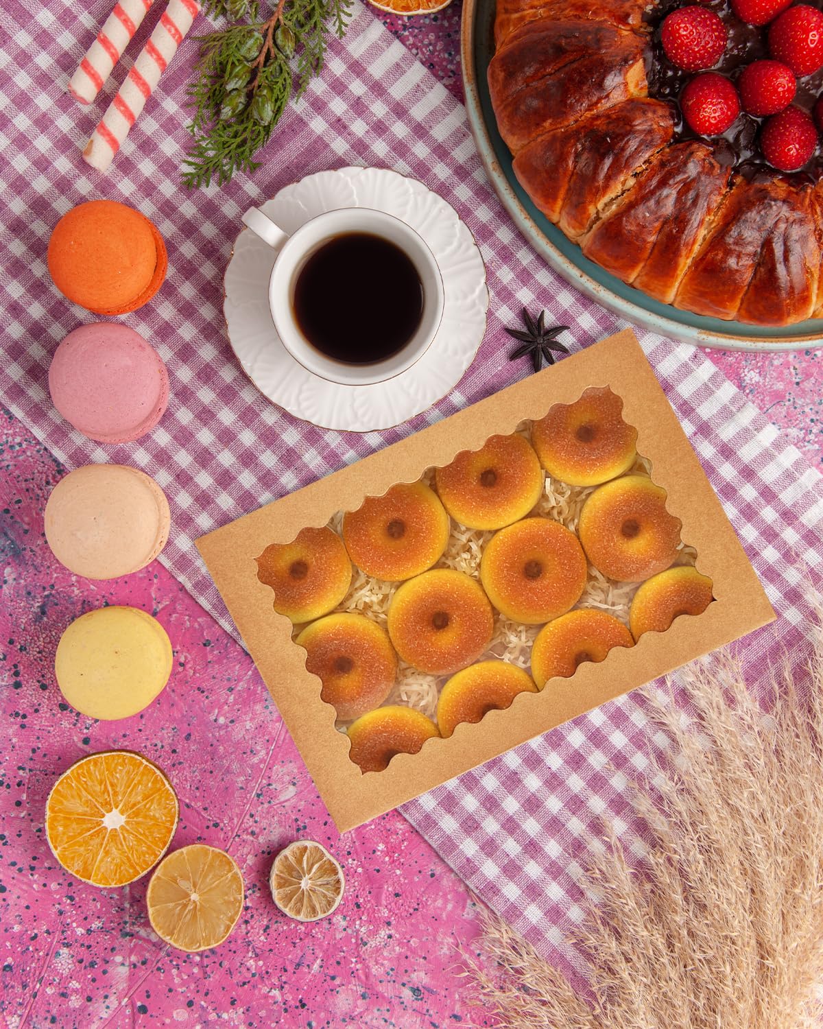 qiqee Auto-pop Up 14x10x2.5 Inch Brown Cookie Box with Window 15Pcs Pastry Macaron Bakery Box for Packaging